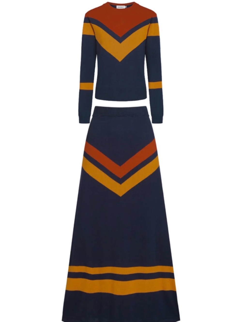 Chevron-Stripe Navy Maxi Skirt in Navy, Rust & Mustard - Unbranded